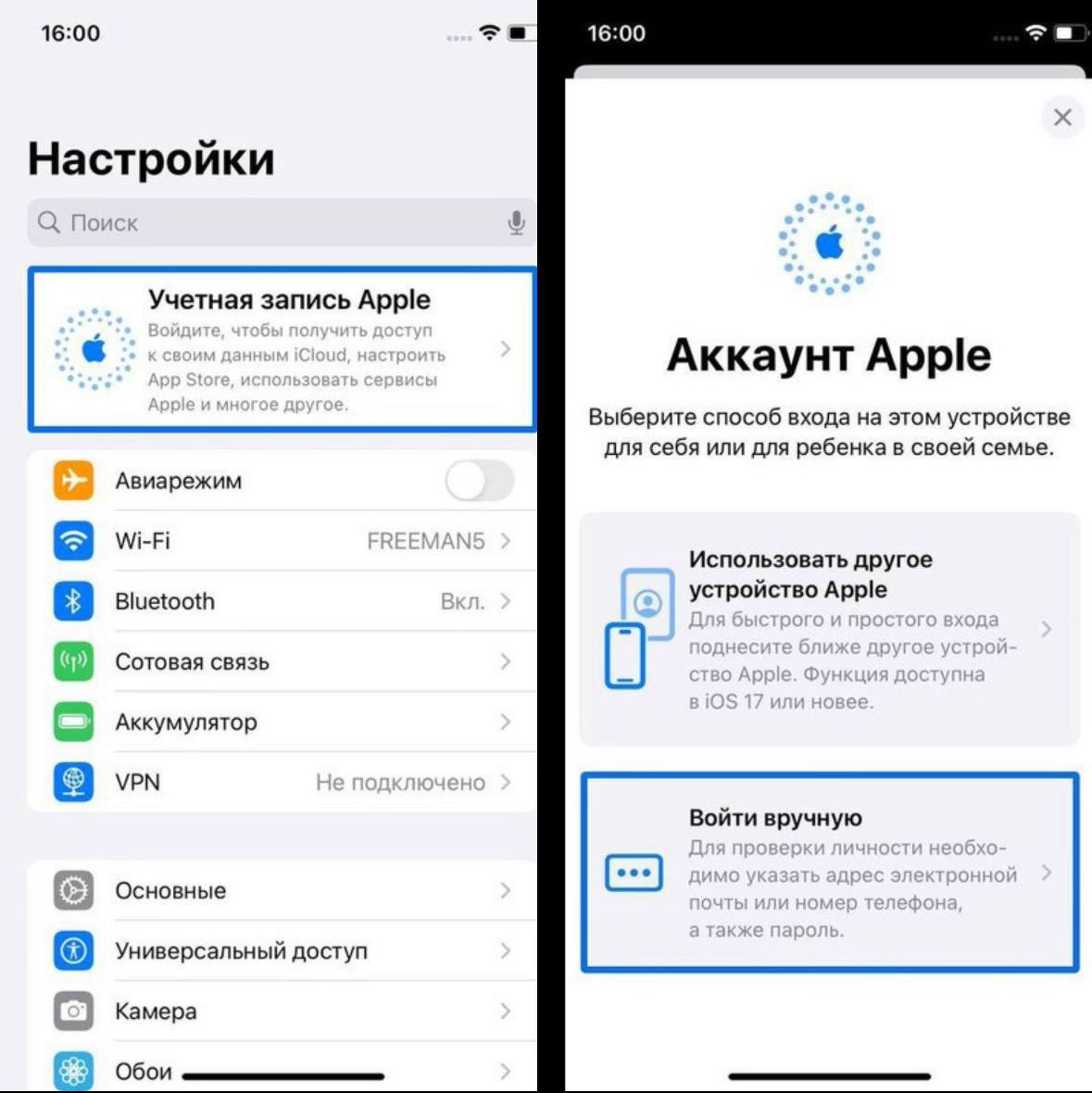 Пример выбора Учётной записи Apple и входа вручную